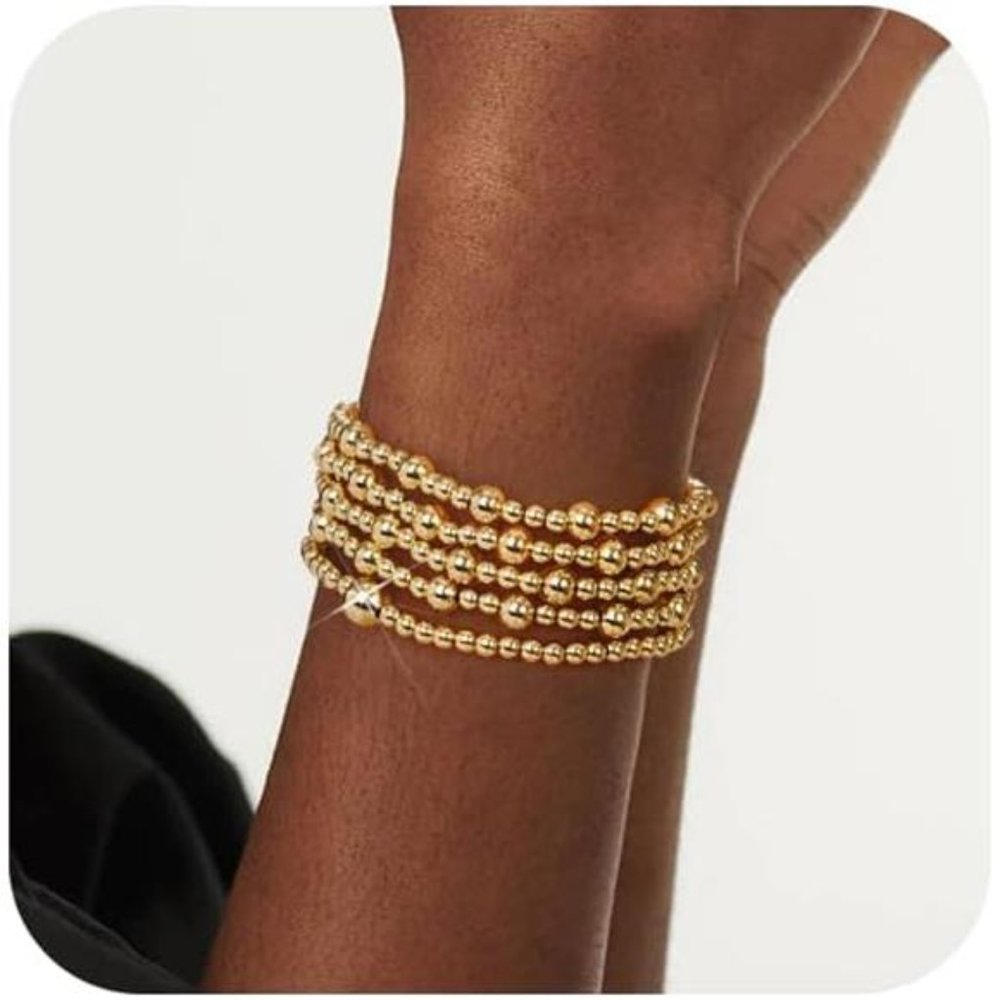 Women's 14K Gold Plated Beaded Stackable Bead Ball Bracelet Sets
